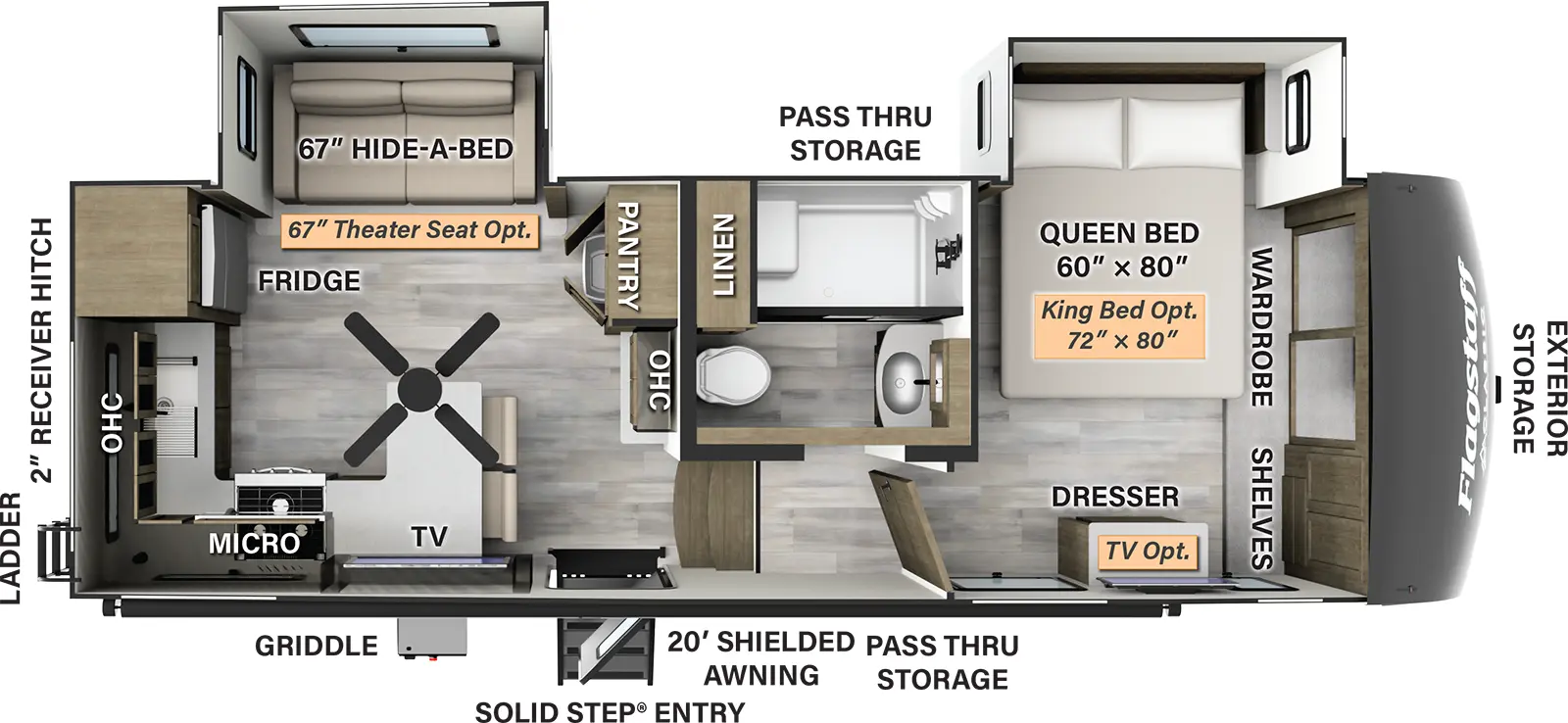 The 281RK has two slide outs and one entry door. Exterior features include an 20 foot shielded awning, solid step entry, exterior storage, griddle, rear ladder, 2 inch receiver hitch, and pass thru storage. Interior layout front to back: front wardrobe with shelves, off-door side queen bed slide out, and door side dresser (optional TV and king bed available); off-door side full bathroom with linen closet; steps down to main living area; kitchen counter, overhead cabinets, and pantry along inner wall; off-door side slide out with hide-a-bed sofa (theater seating optional); peninsula kitchen counter with chairs wraps to door side with TV, paddle fan, overhead cabinet, microwave, cooktop, and continues to wrap to rear with sink and refrigerator.